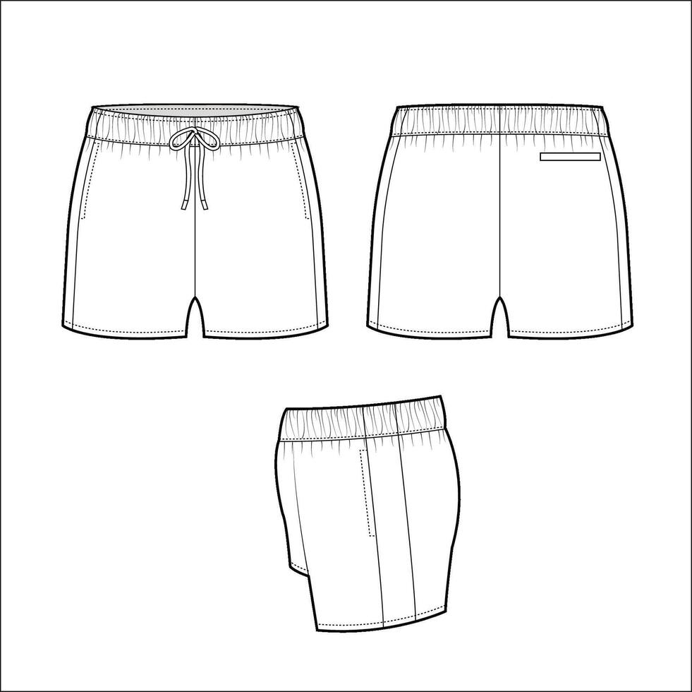 Shorts technical flat sketch, cad drawing with drawstring waist, elastic band, fashion apparel design. vector