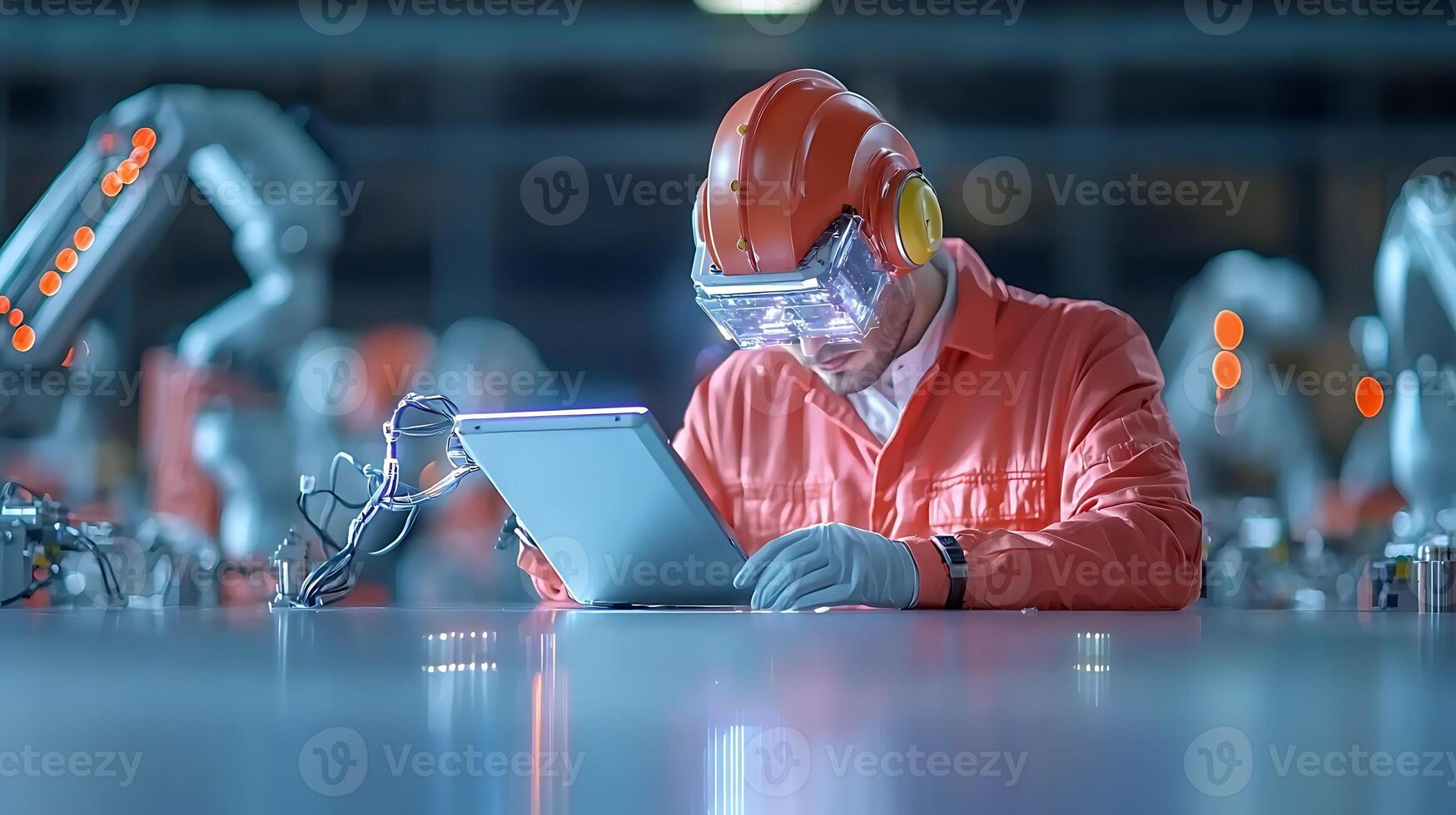 Worker in safety gear using a tablet in a high-tech factory with robotic arms in the background photo