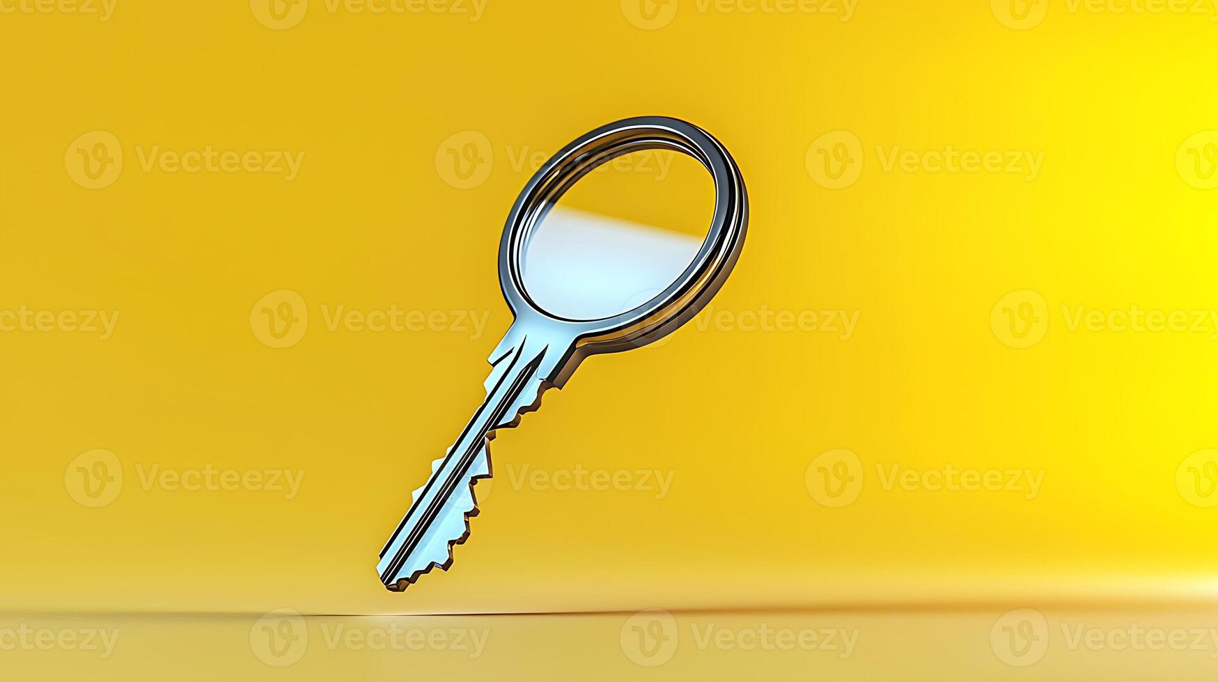 A shiny, modern key floating against a vibrant yellow background, symbolizing access and security photo