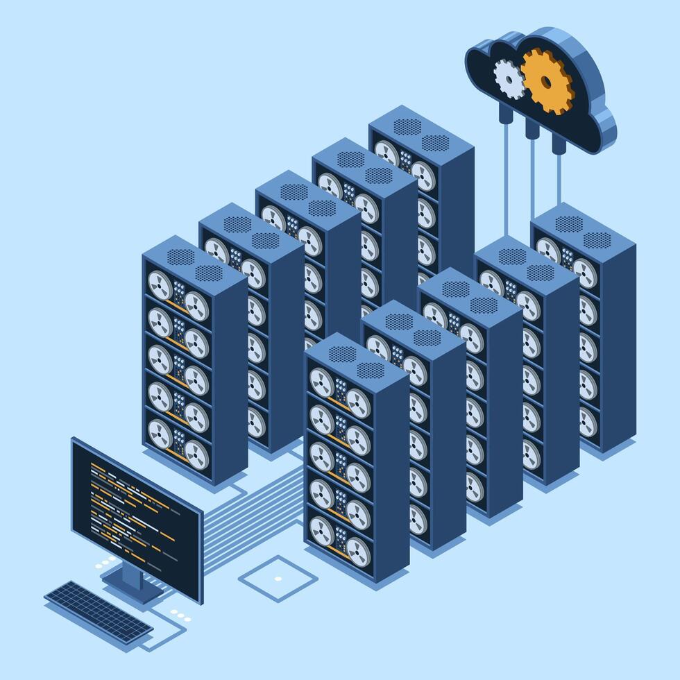 Cloud servers with connected computer illustration vector