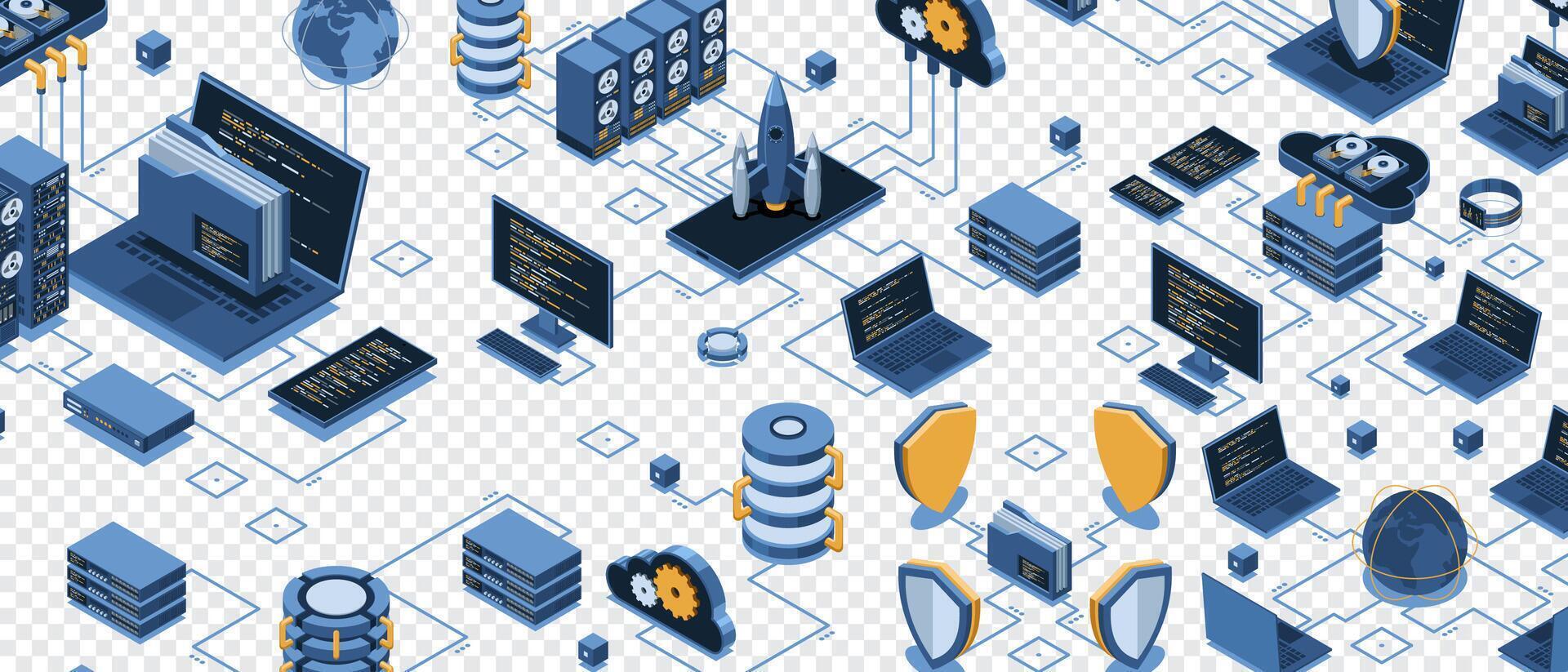 Digital tech background with computers and servers vector