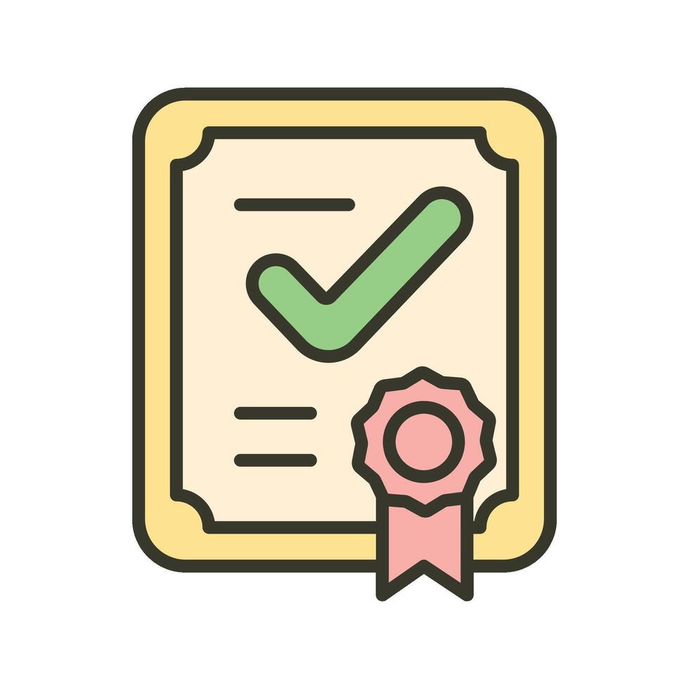 A cartoon icon of a checkmark on a document or certificate with a ribbon, symbolizing a diploma or official certification. vector