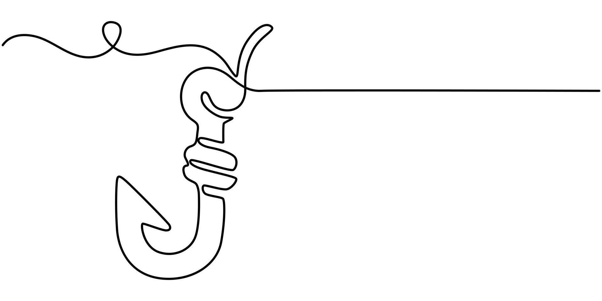 Fishing hook line continuous drawing . One line Hook background, Continuous outline of a Fishing hook vector