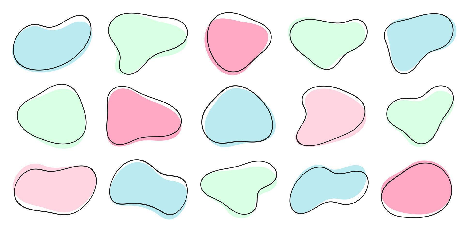 Set of liquid organic shapes. fluid abstract shapes. amoeba blob shapes. irregular round blot form with doodle circle line. vector