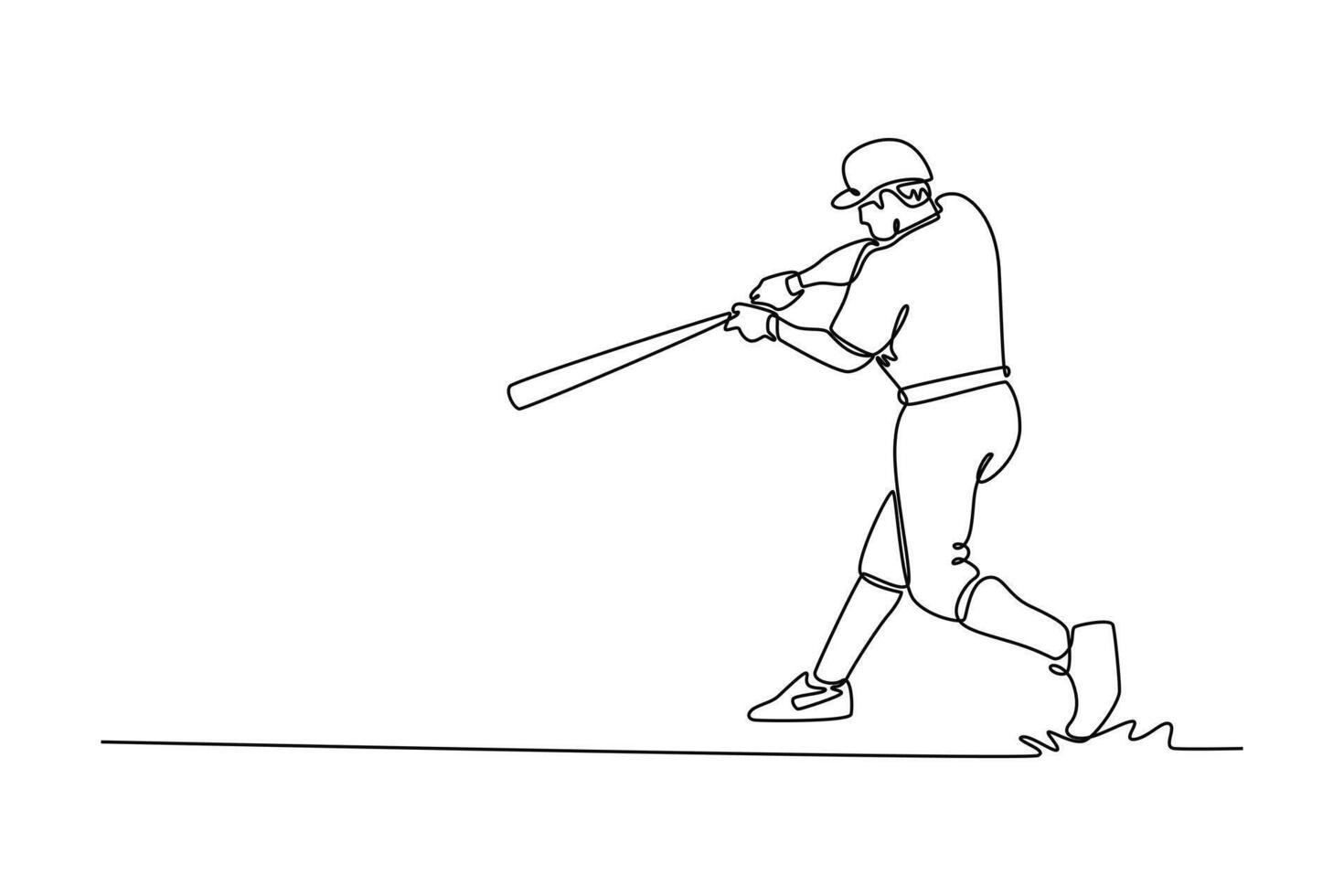 Single one line drawing baseball player with bat doing powerful hit in action during match in field stadium. Sports, win, winner, competition. Continuous line draw design graphic illustration vector