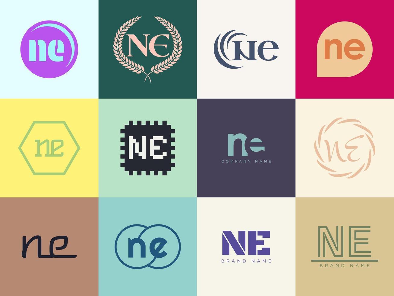 NE logo company template. Letter n and e logotype. Set different classic serif lettering and modern bold text with design elements. Initial font typography. vector