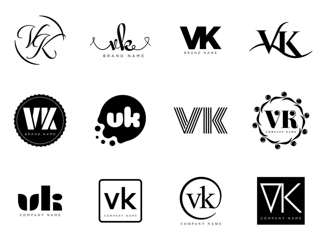 VK logo . Letter v and k logotype. Set different classic serif lettering and modern bold text with design elements. Initial font typography. vector