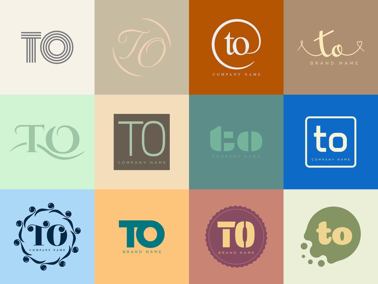 TO logo template. Letter t and o logotype. Set different classic serif lettering and modern bold text with design elements. Initial font typography. vector