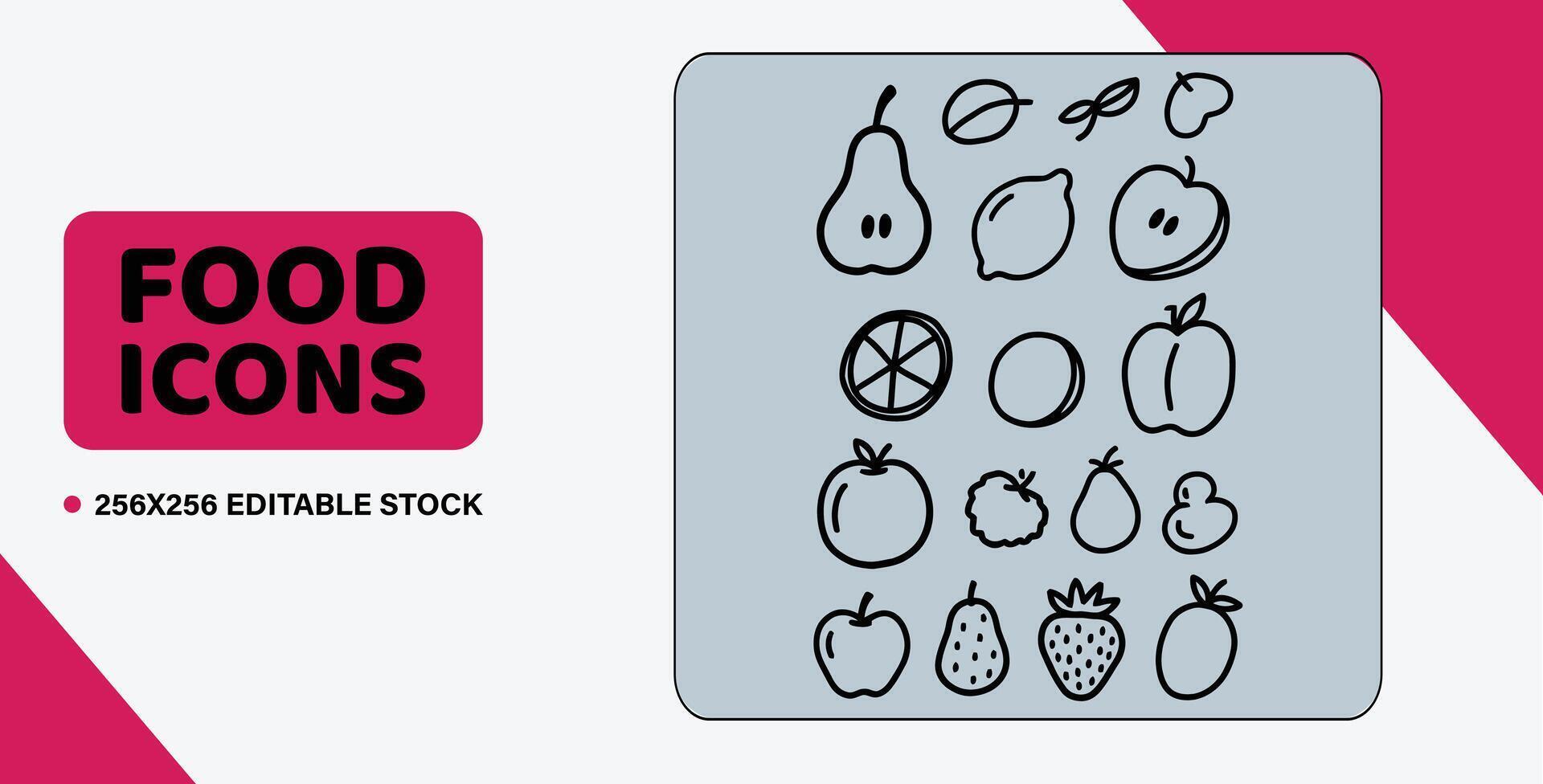 Art of collection of nine colorful, flat design food icons featuring various fruits like apple, grape, orange, lime, melon, and pomegranate, isolated on white background vector