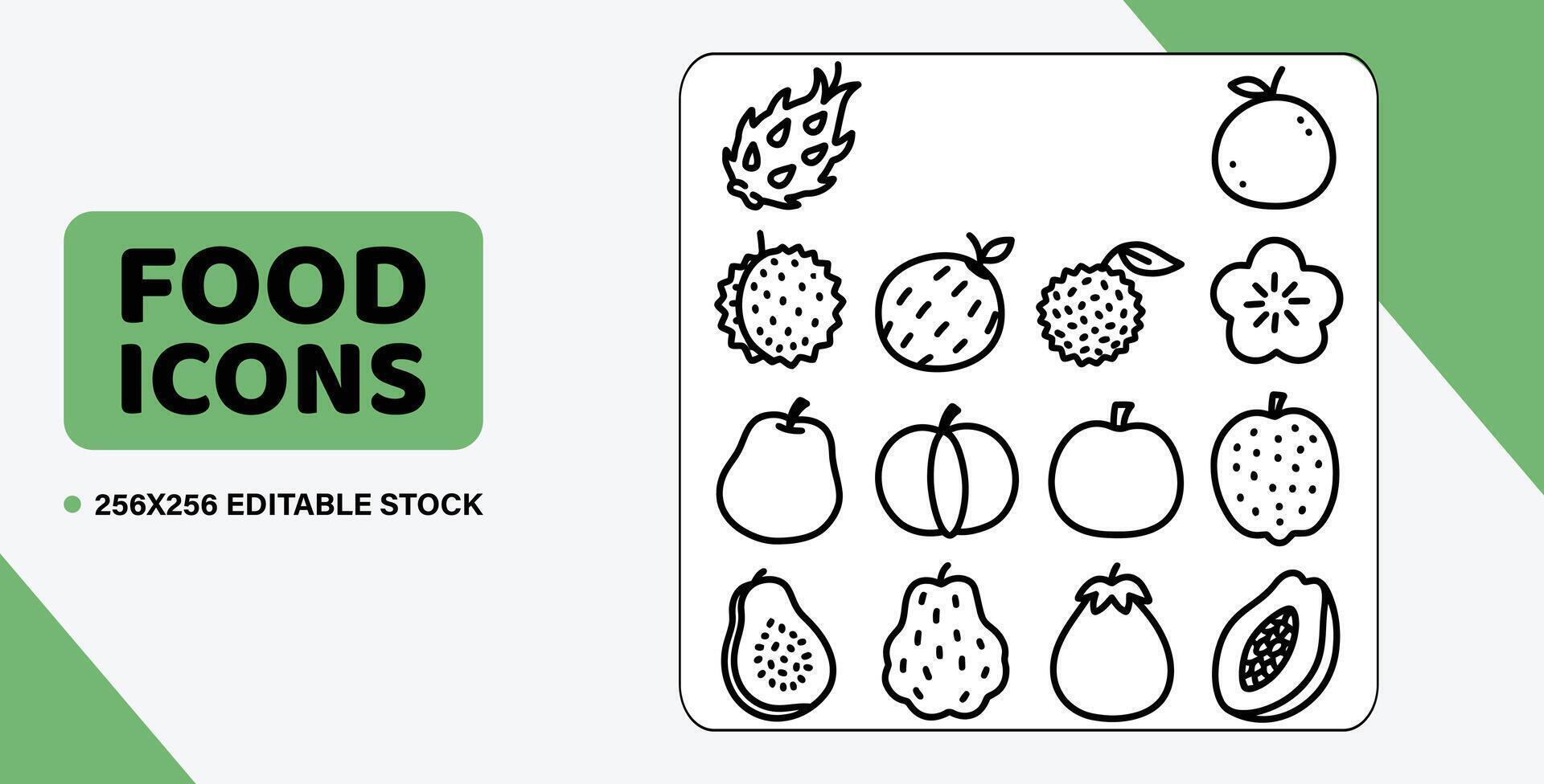 Art of food icons set featuring various fruits like raspberries, blueberries, apples, and abstract shapes, isolated on a white background vector
