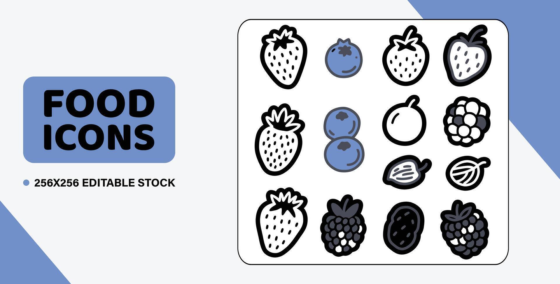 Art of collection of colorful food icons featuring fruits like apples and cherries, isolated on a clean background for easy use in various designs vector