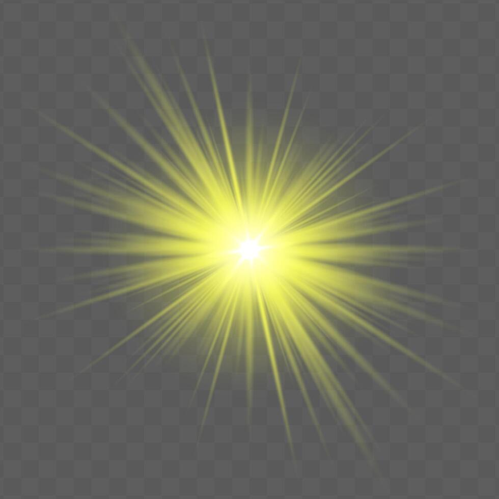 Yellow radial flare with glowing starburst, soft gradient and transparent background. Suitable for magical, festive or romantic visual design projects. vector