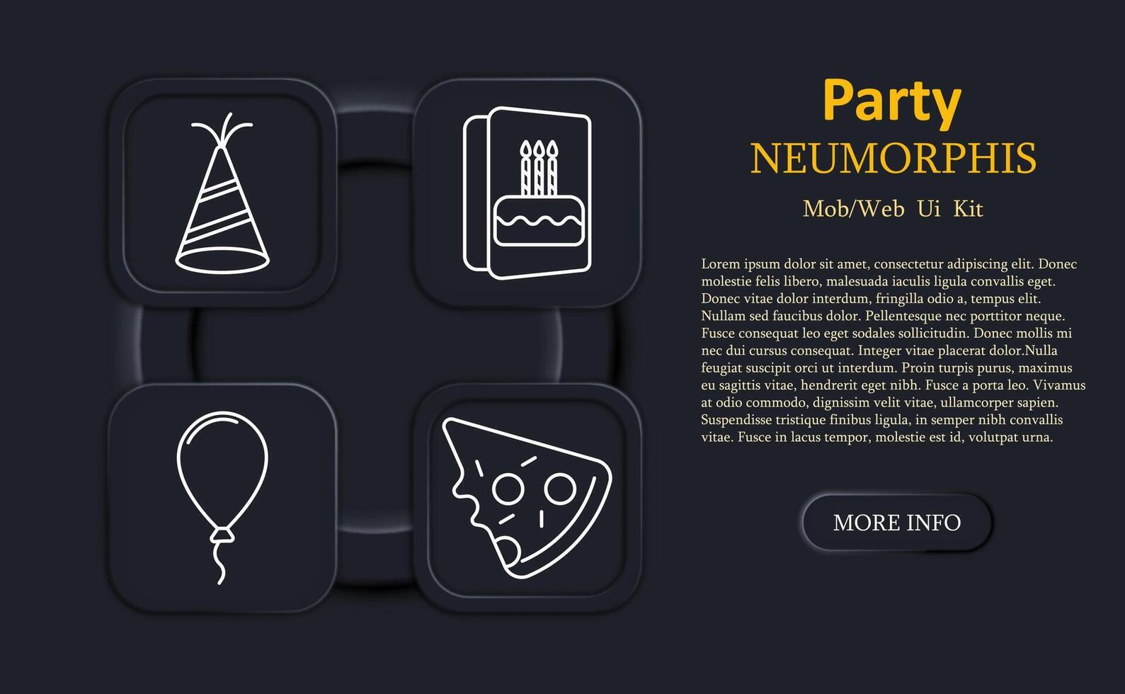 Party set icon. Party hat, birthday card with cake, balloon with string, and pizza slice drawn in line style on neumorphic interface squares for celebration themes vector