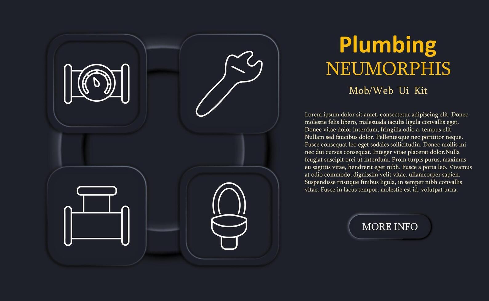 Plumbing set icon. Pressure gauge pipe, wrench tool, pipeline connector, toilet bowl, minimalist neumorphic style, linear rounded squares, digital design, simple user interface elements. vector