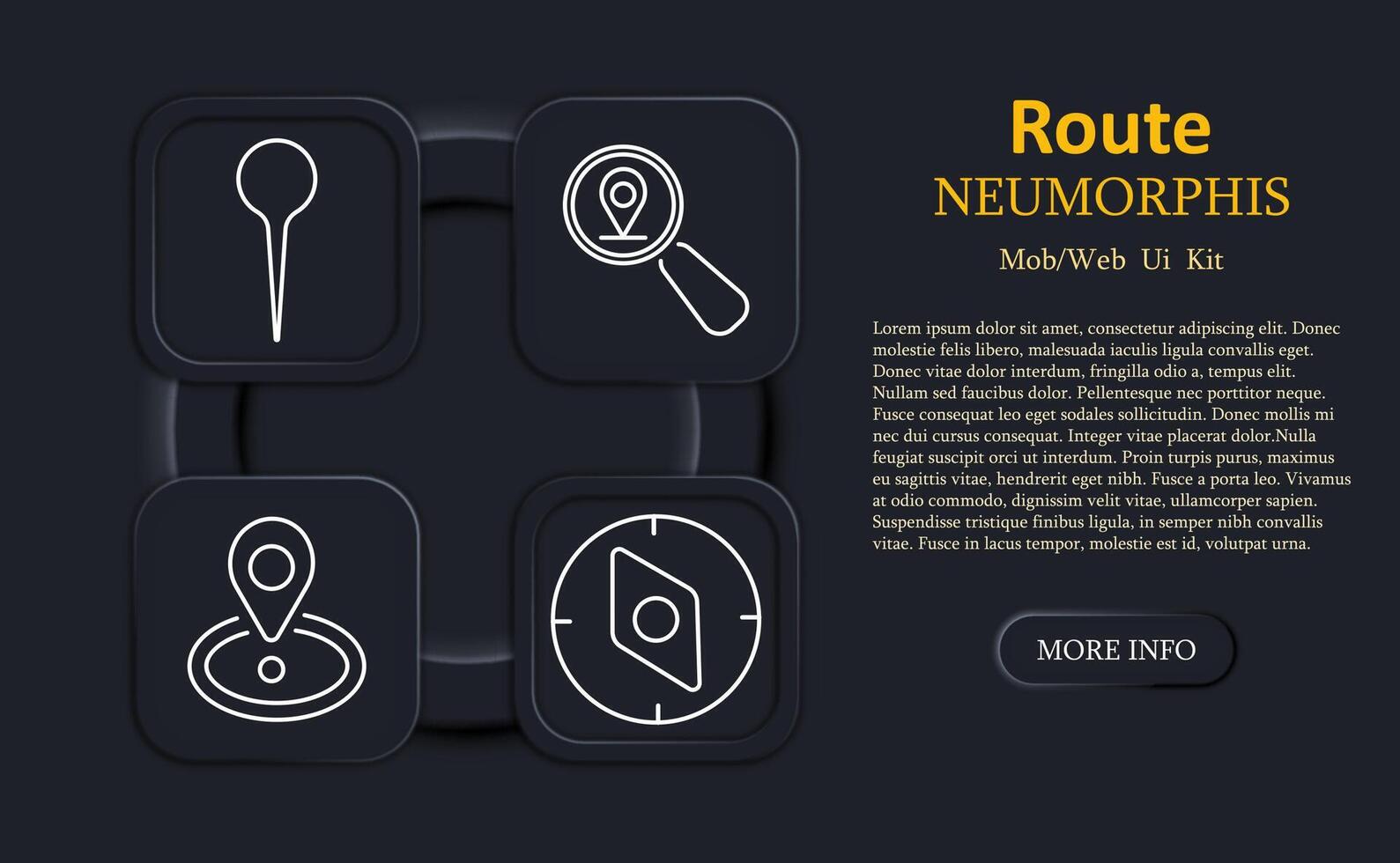 Route set icon. Neumorphic icons show location pin, magnifier with map pin, map marker ring, compass needle in outlined white on dark square buttons vector