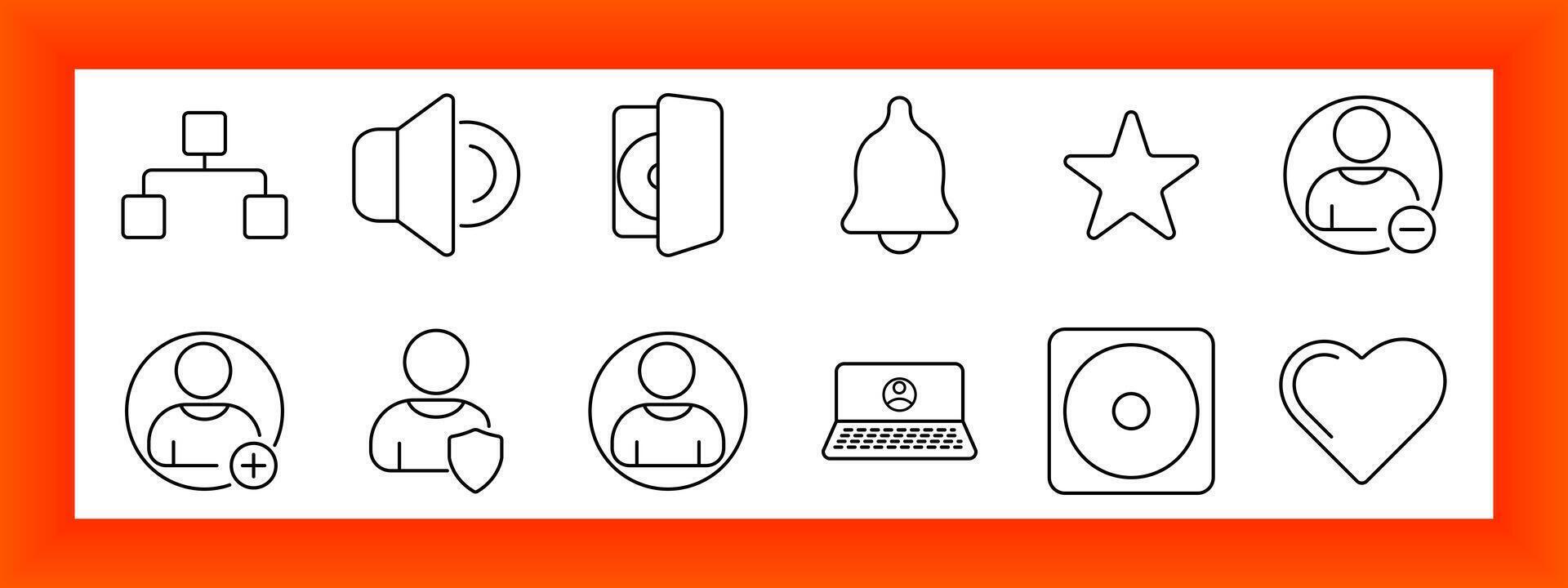User interface set icon. Includes flowchart, speaker on off, bell, star, user with minus, user with plus, shield, profile, laptop, disc, heart vector