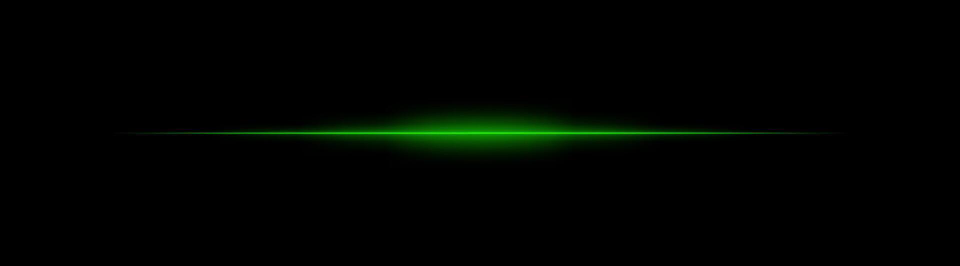 Thin green laser beam across dark background with glowing center. Minimalistic horizontal light effect with sharp gradient and smooth fade at edges. vector