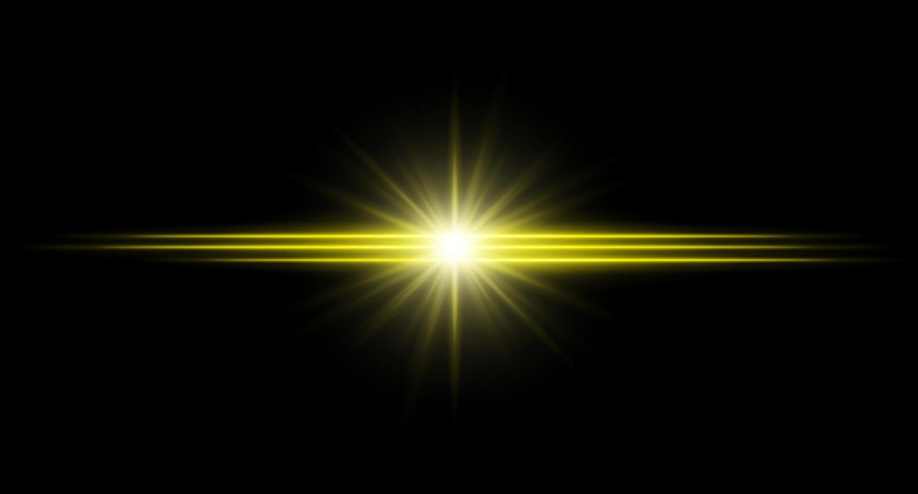 Yellow flare. Bright horizontal glow with radial light beams, high contrast center burst on dark background, clean illumination with sharp edges and soft halo. vector