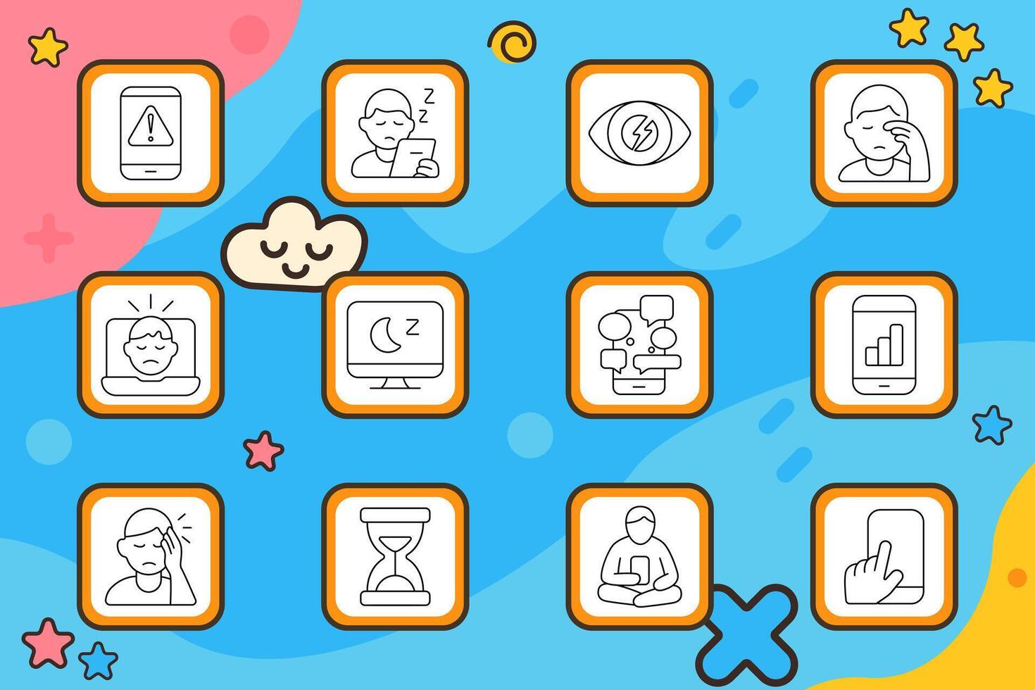 Digital fatigue set icon. Mobile alert, drowsy user, eye pain, face rub, screen overload, night monitor, app bubbles, smartphone usage, headache, hourglass, man with tablet, hand on screen vector