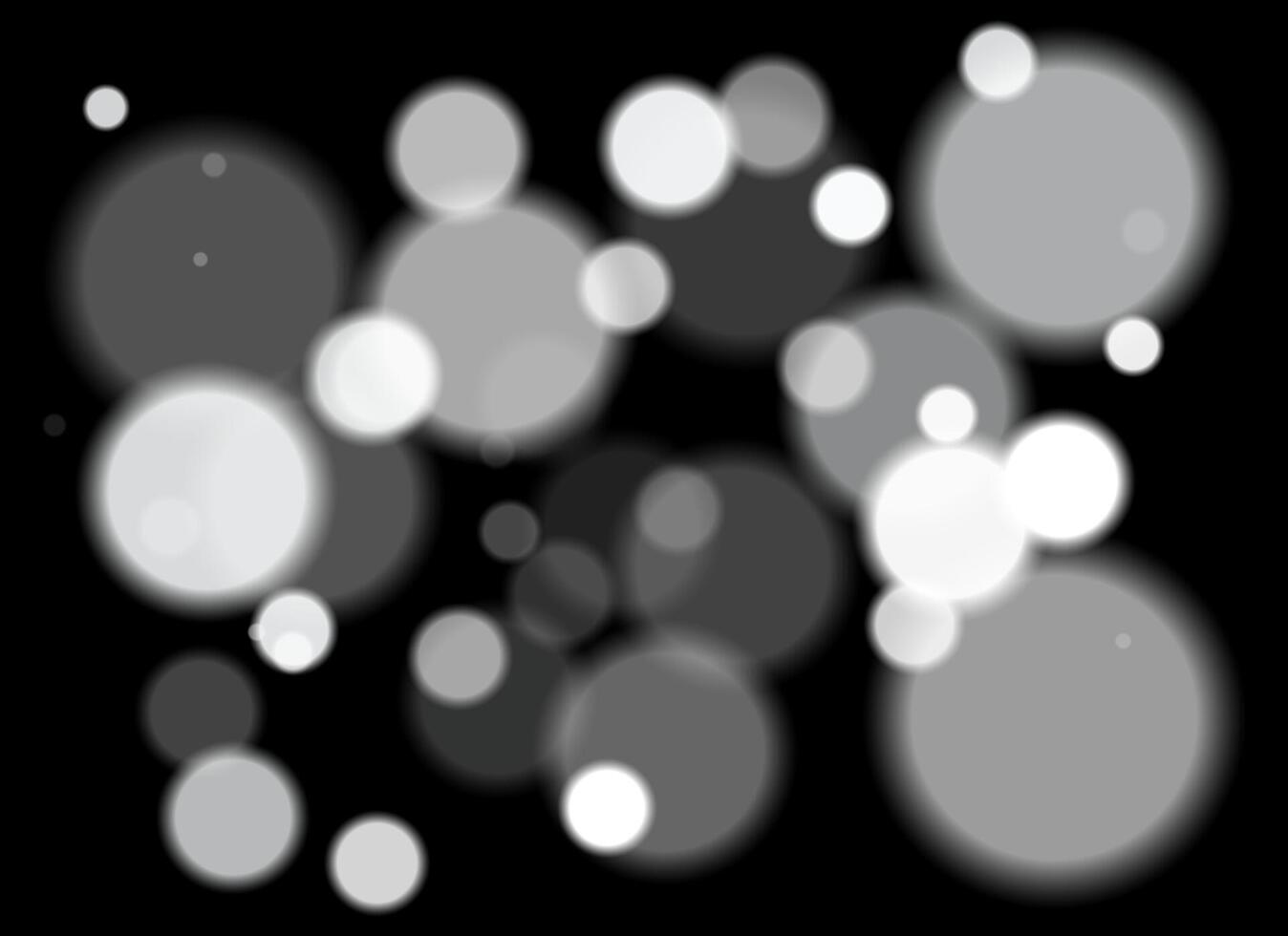 White blurred circles with smooth glow and layered transparency on black background. Random soft shapes form festive abstract depth with no symmetry or focal point. vector