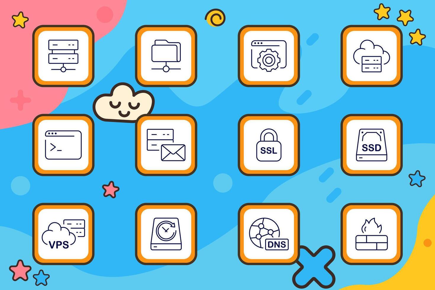 Hosting set icon. Server, shared folder, settings, cloud hosting, code window, email server, SSL padlock, SSD disk, VPS cloud, backup disk, DNS network, firewall block vector