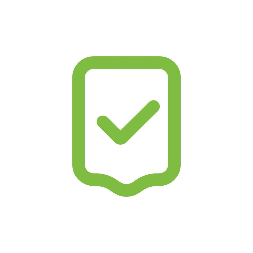 A trendy green check mark is inside a badge shaped frame on transparent backdrop vector