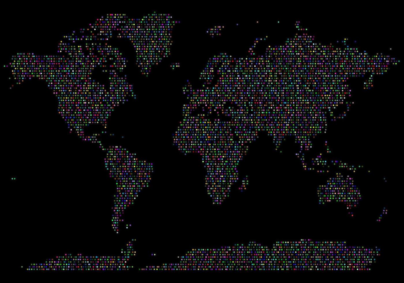 Multicolour dotted world map. Spotted patterns and vibrant colours create a modern infographic atlas of planet Earth. Futuristic layout of geography with colorful dotted map vector