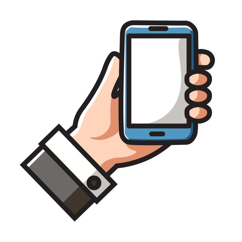 IIlustration Graphic Cartoon of a Hand Holding a Smartphone, Depicting Communication, Technology, and Connectivity in a Playful and Interactive Style vector
