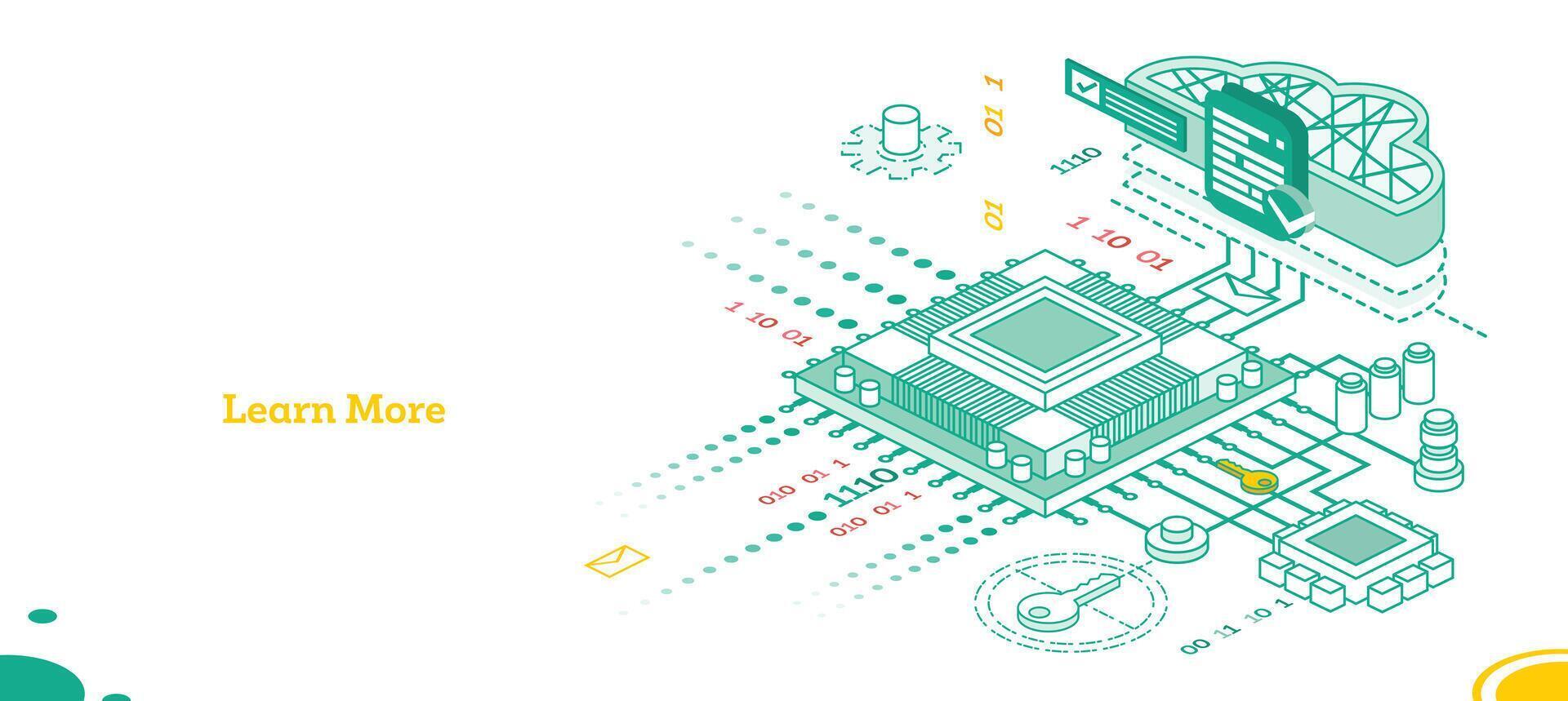 Isometric illustration of AI CPU technology with binary code, cloud storage, and secure data flow. Concept of artificial intelligence, innovation, and digital processing. Illustration. vector