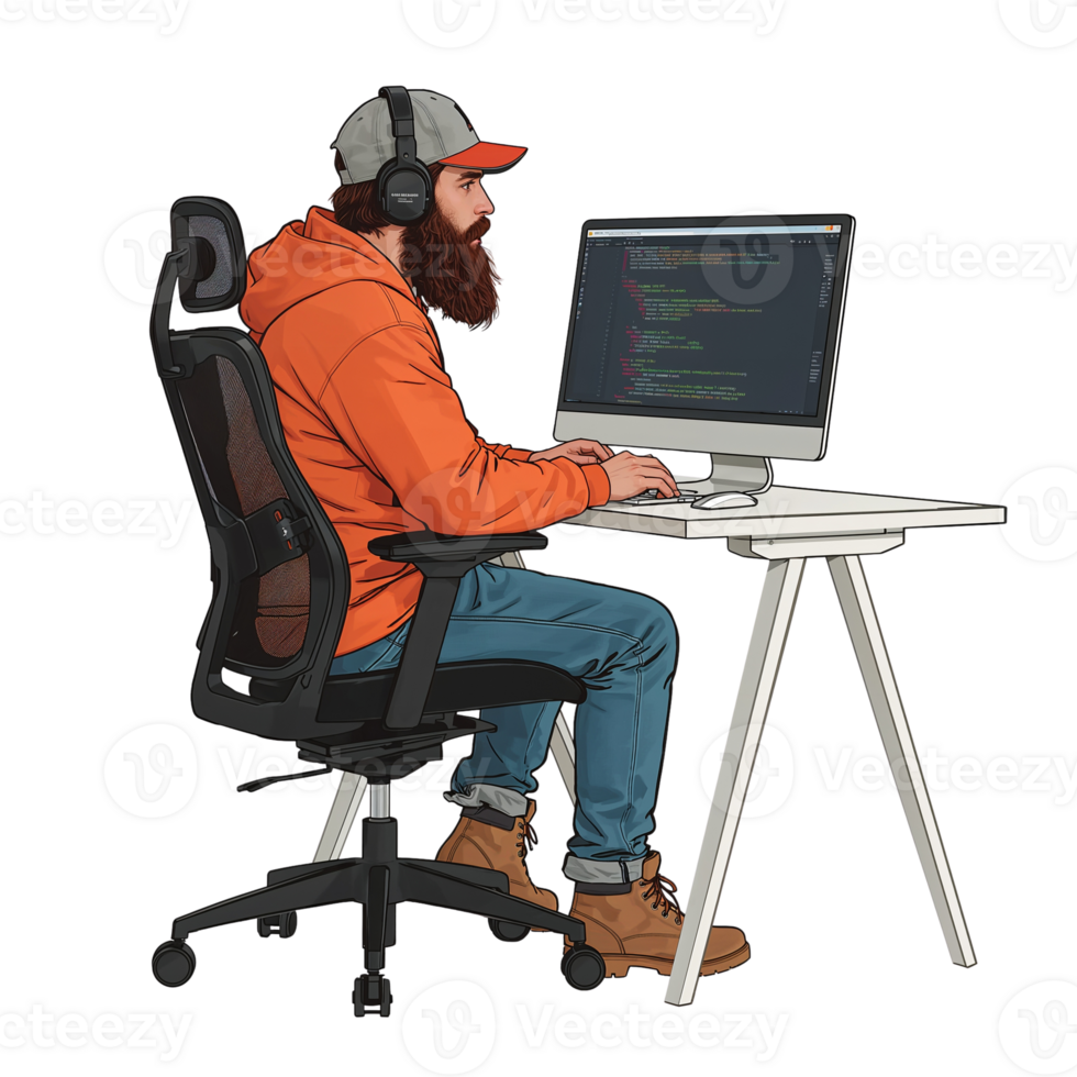 Coder immersed in the digital world, illuminated screen, focused on the intricate world of png