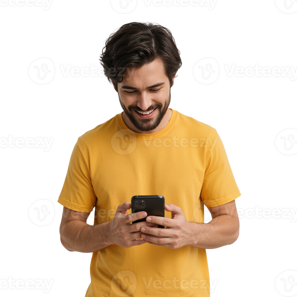 Smiling man using a mobile phone with isolated transparent background in studio setup png