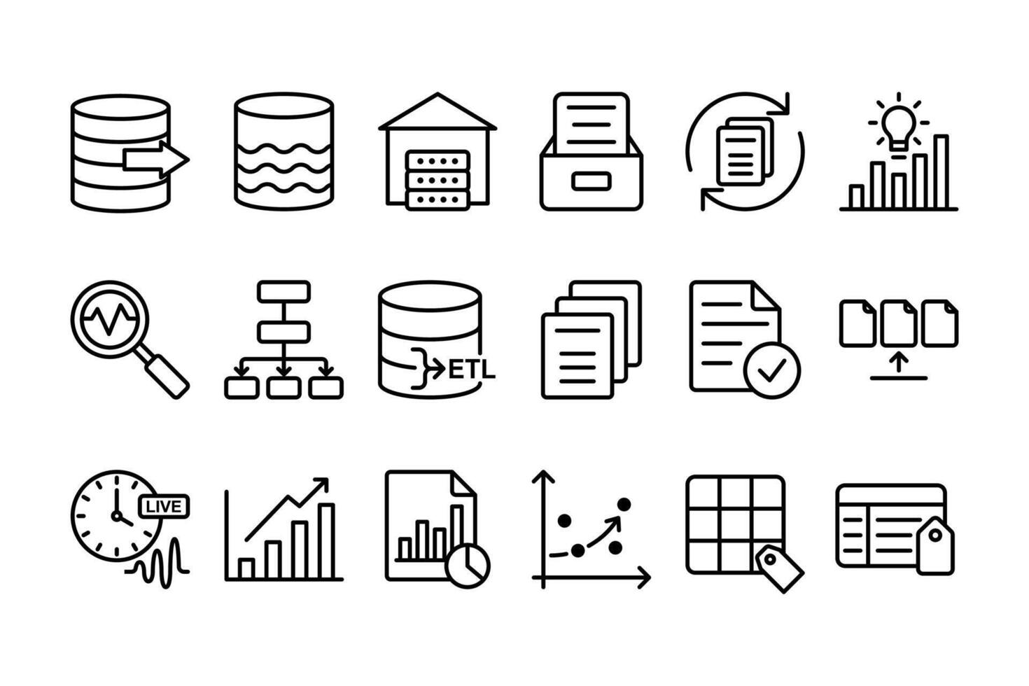 big data management icon pack. data warehouse, analytics outline icons. minimal line art set for database and business intelligence. data processing icons pack for apps, infographic, and dashboard vector