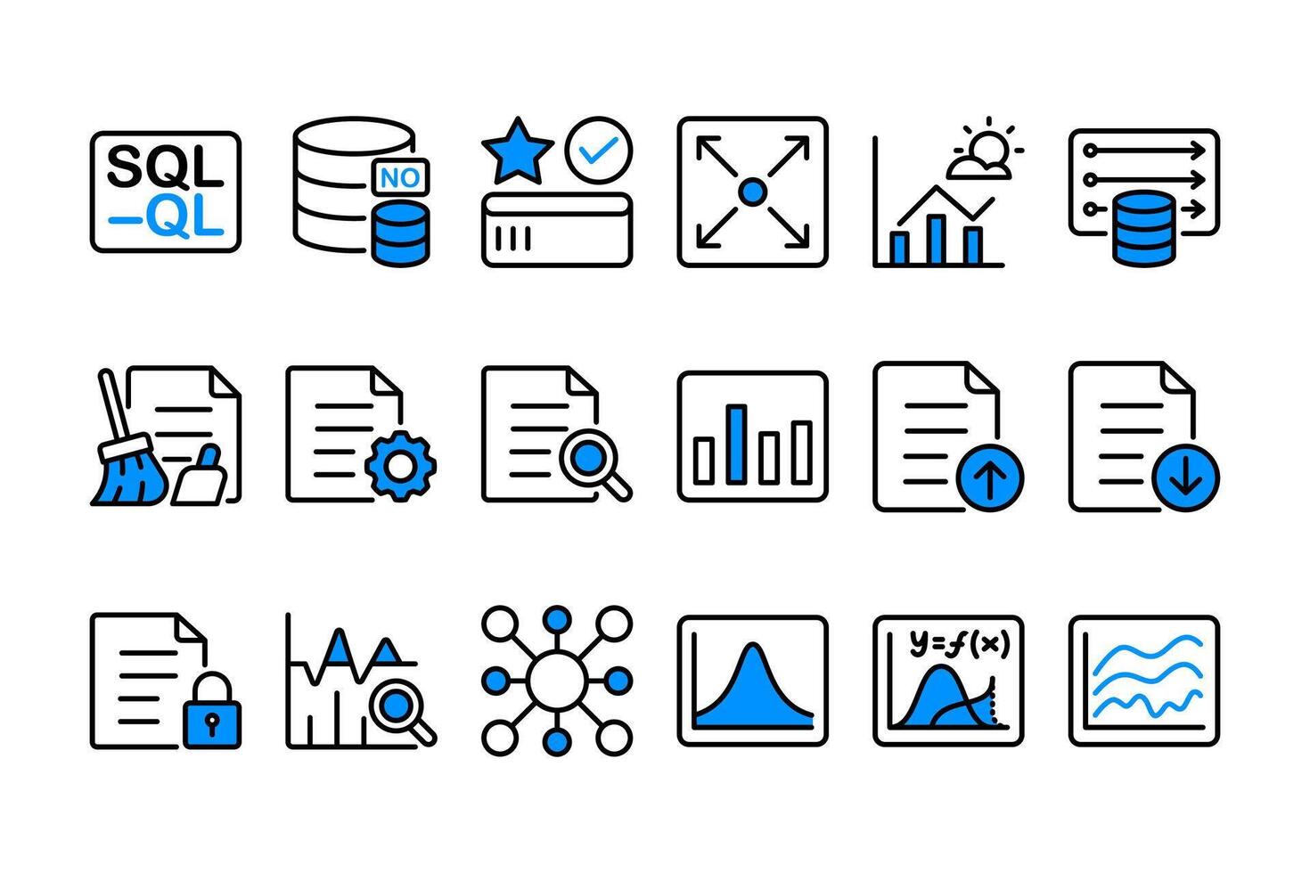 database analytics outline with blue accent icon set. sql and nosql database line art symbol bundle. data science analytics sign pack. big data and database management icon set vector