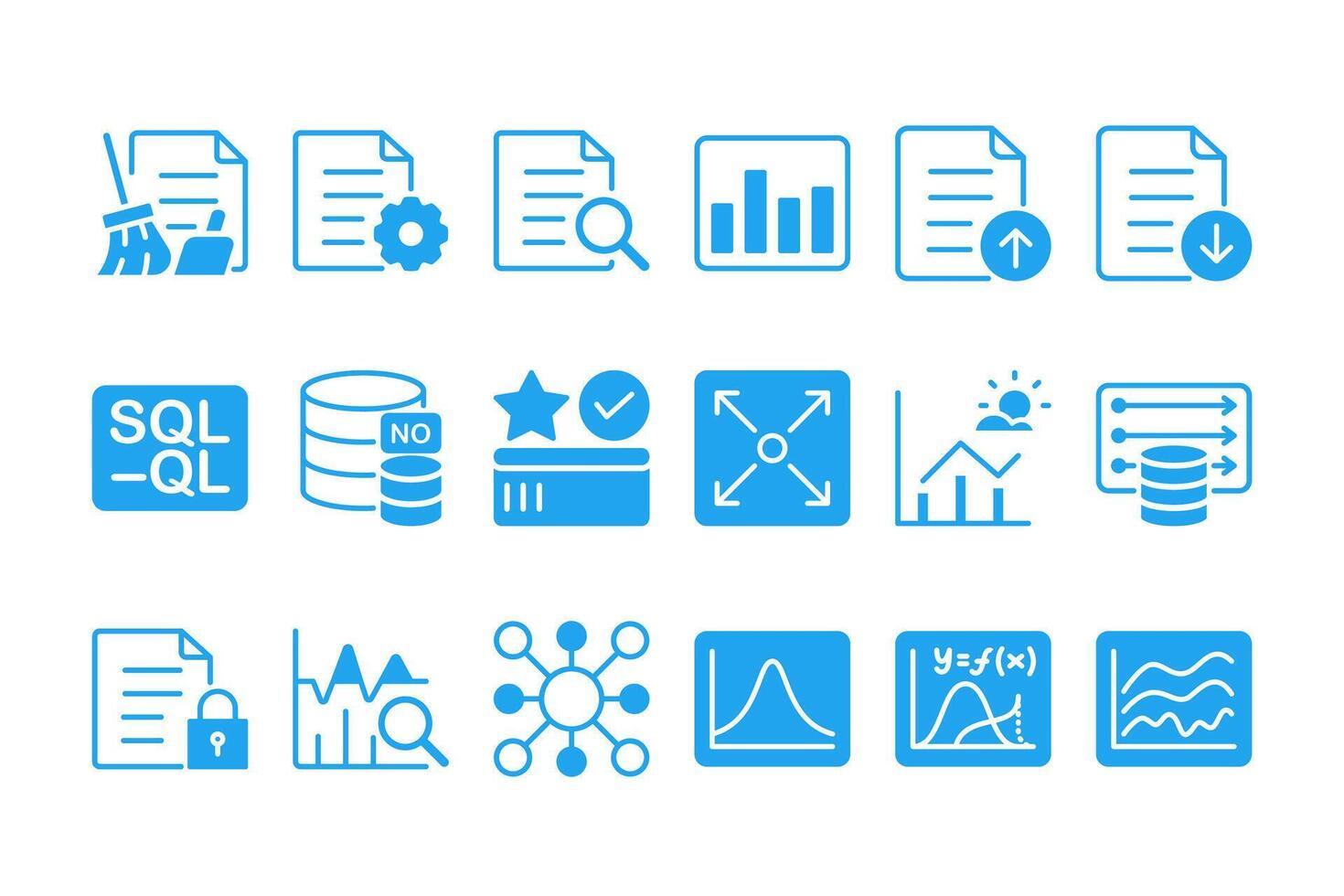 data science icon set in flat blue filled style. sql query and database management symbol pack. data pipeline and governance sign bundle. data cleaning and audit icon set for business intelligence vector