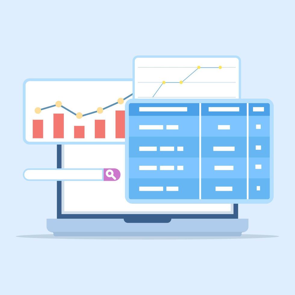 SEO ranking concept. SEO ranking tracker and ranking tools to monitor keyword positions. Increase website traffic through optimization, content quality, and keyword targeting. vector