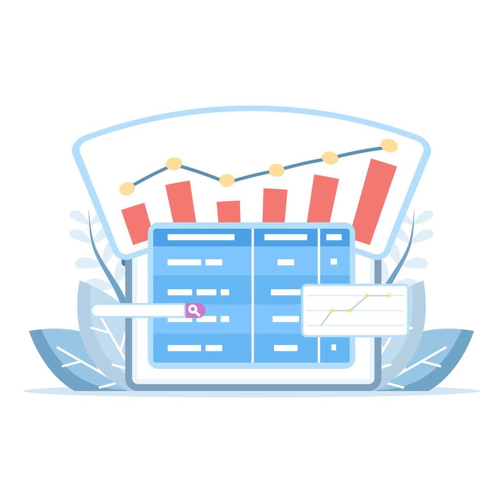 SEO ranking tracker concept and ranking tools. Search engines help increase website traffic through optimization. Monitor keyword positions. Analyze performance, track SERPs. vector