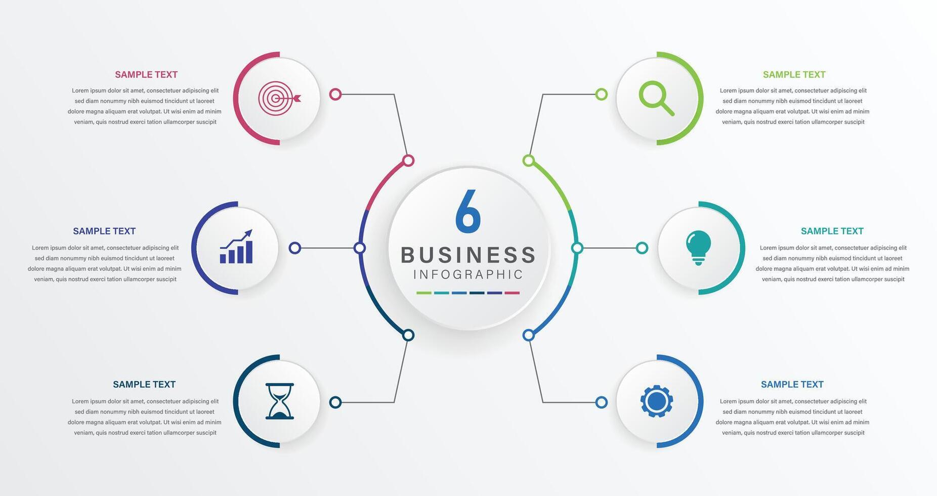 Business infographic design template with 6 options, steps or processes. Can be used for workflow layout, diagram, annual report, web design vector