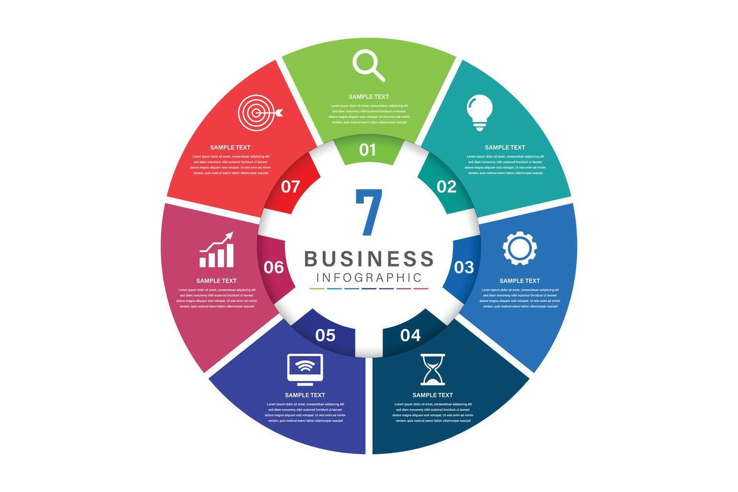 infographic label design with circle infographic template design and 7 options or steps. Can be used for process diagram, presentations, workflow layout, banner, flow chart, info graph. vector