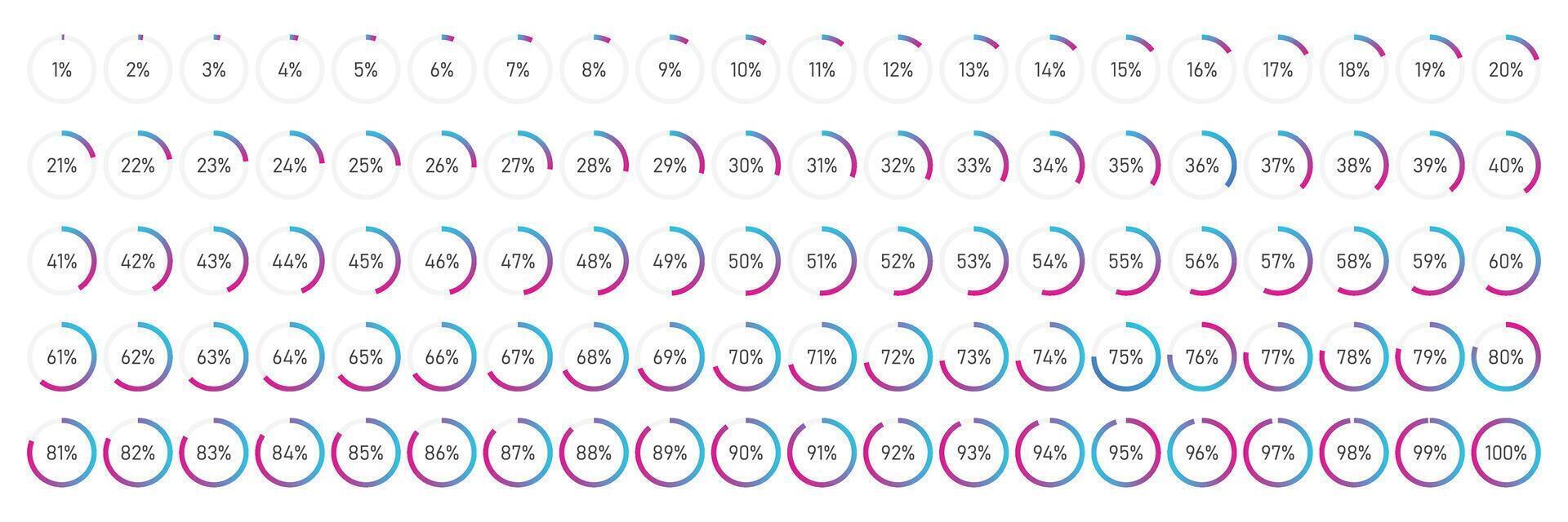 Collection set of round loading progress icons. Percentage from 1 to 100 percent vector