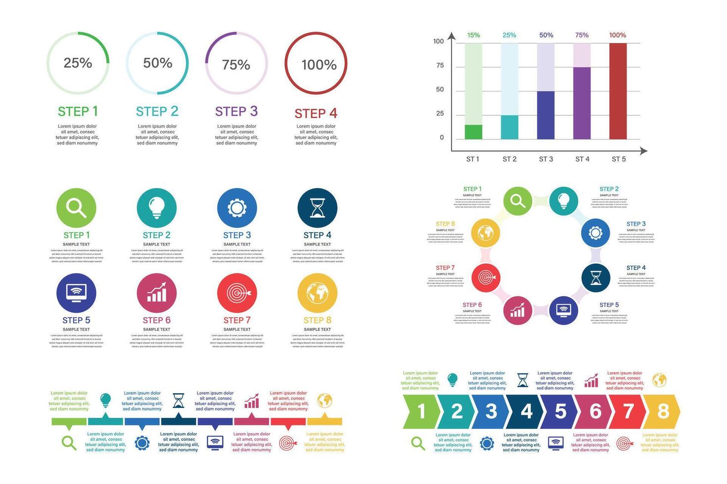 arrows infographic, diagram chart, graph presentation. Business concept with 3, 4, 5, 6, 7, 8 options, parts, steps, process. Timeline infographics data analytics Percentage status SWOT analyze vector
