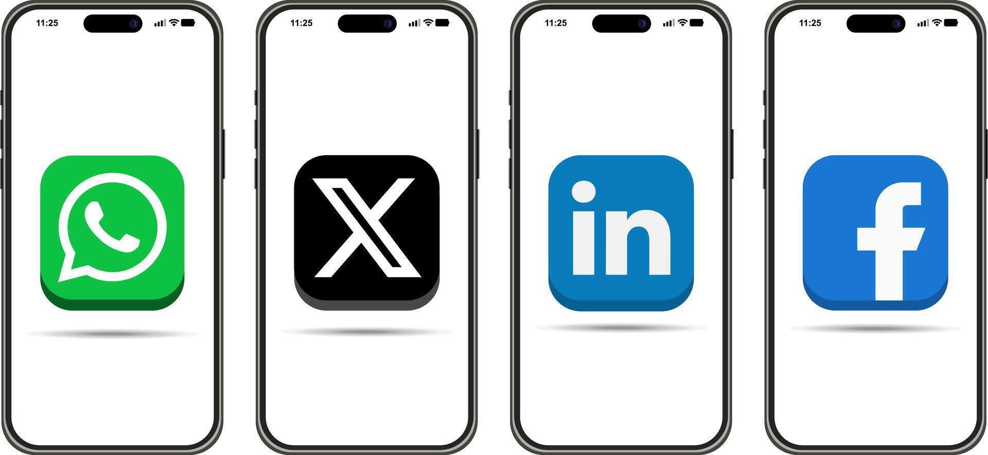 Modern interface of the X app Twitter, LinkedIn, WhatsApp, and Facebook on a smartphone screen vector