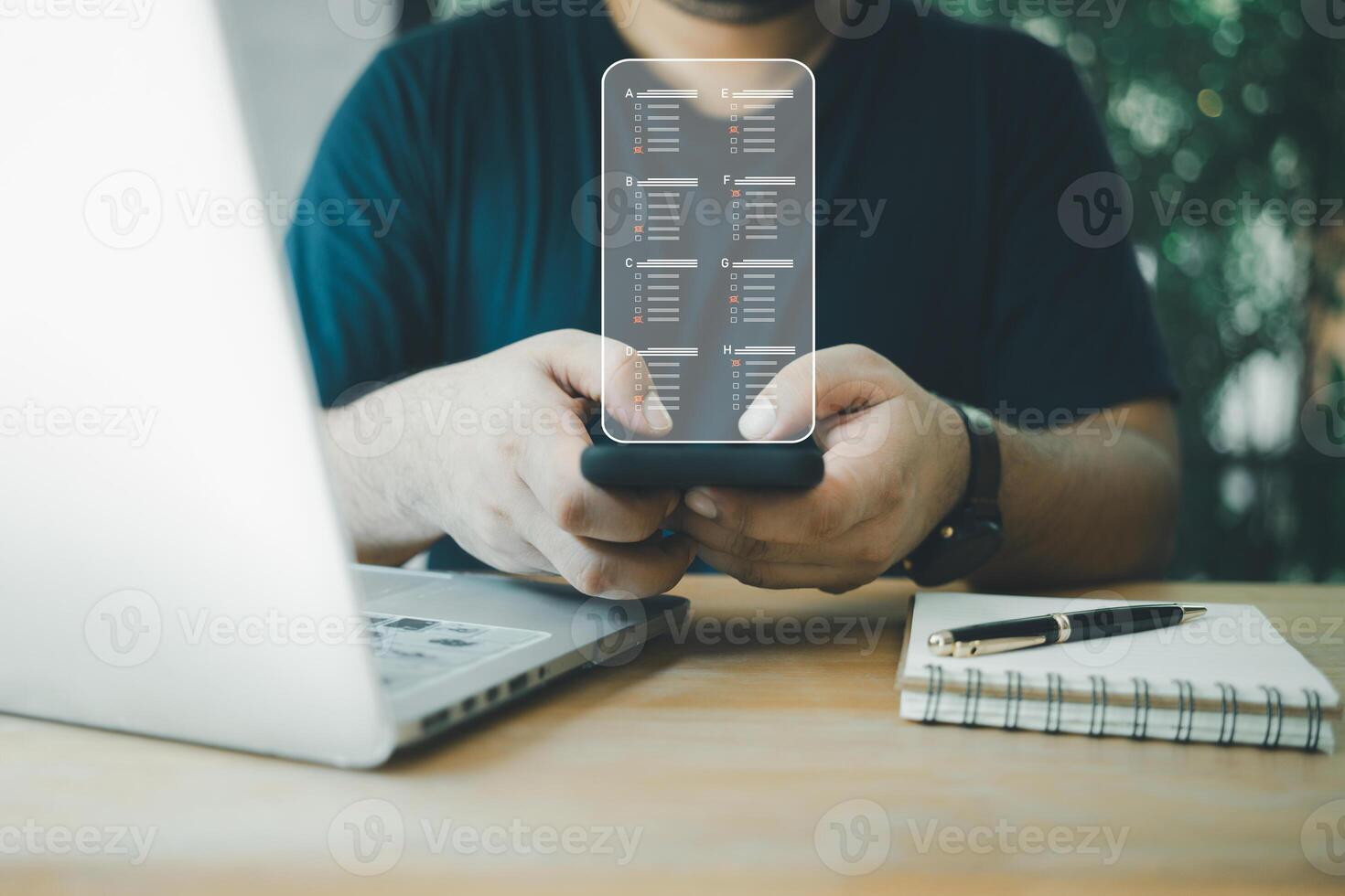 Choose correct answer in test. Online testing after and before learning on mobile phone. Online exam test. Learning online from everywhere photo