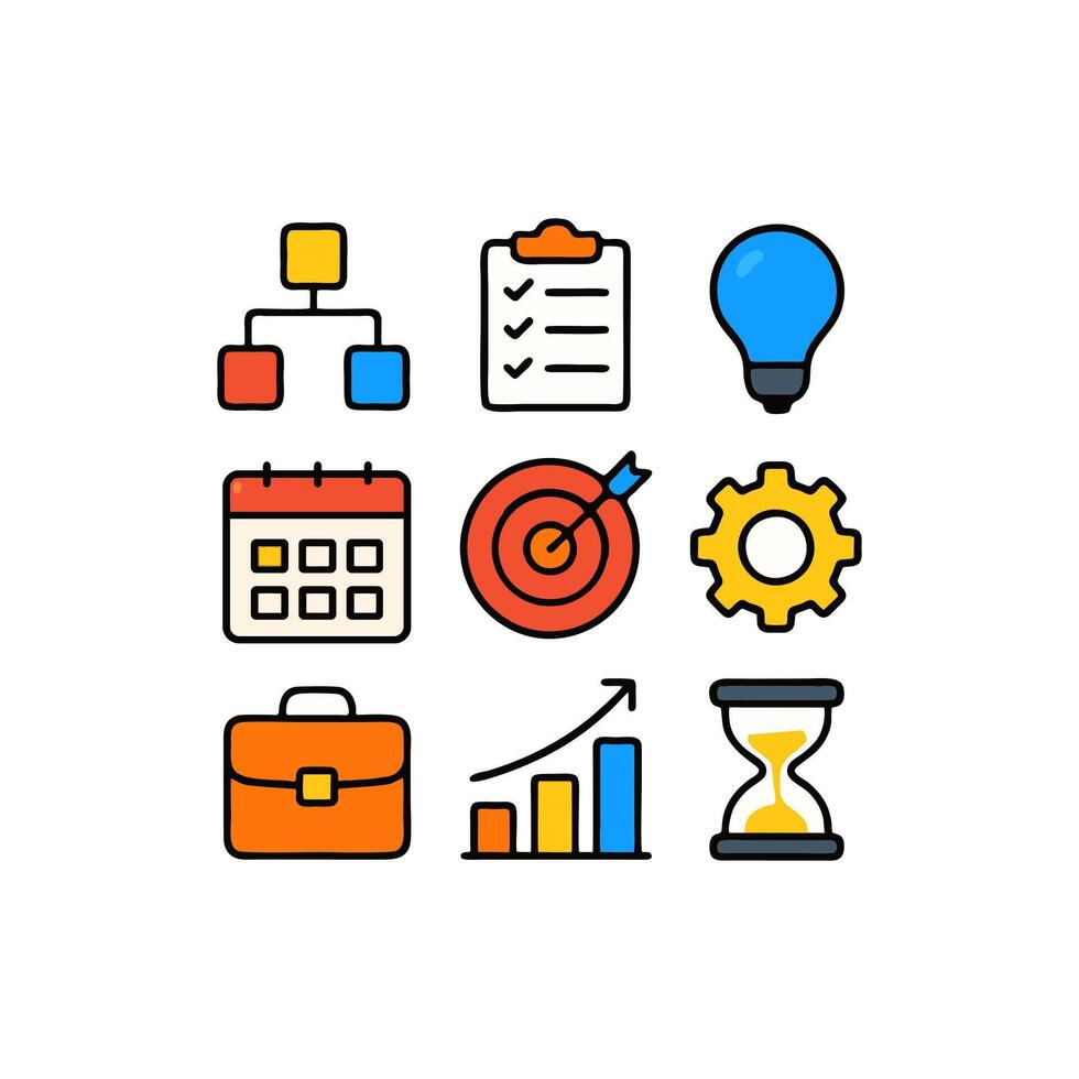 Assorted icons for project management ideal for presentations, infographics, digital content, and business reports on planning and execution processes. vector