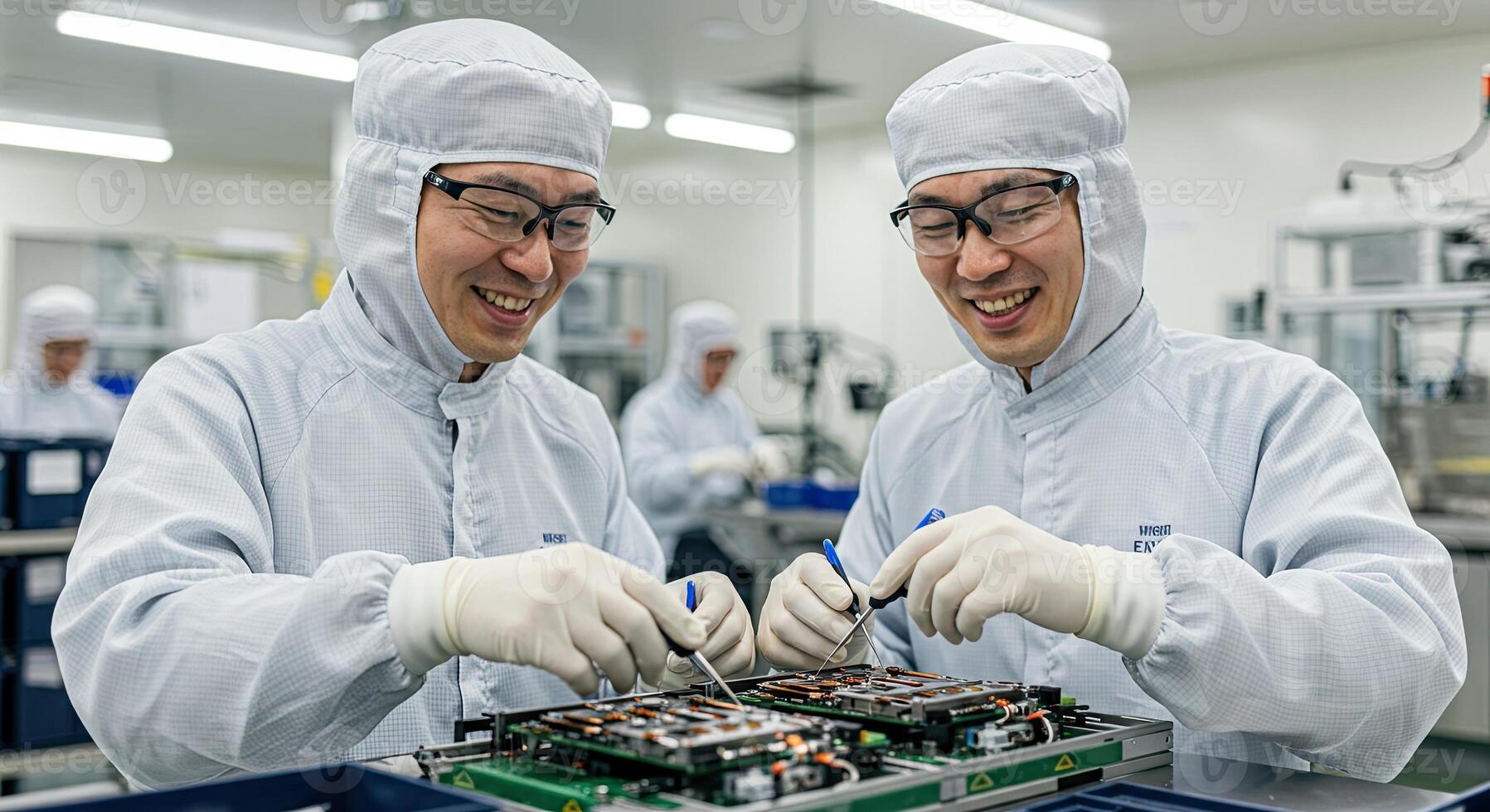 Two Asian Technicians Smiling While Working on Electronic Circuit Boards in a Lab photo