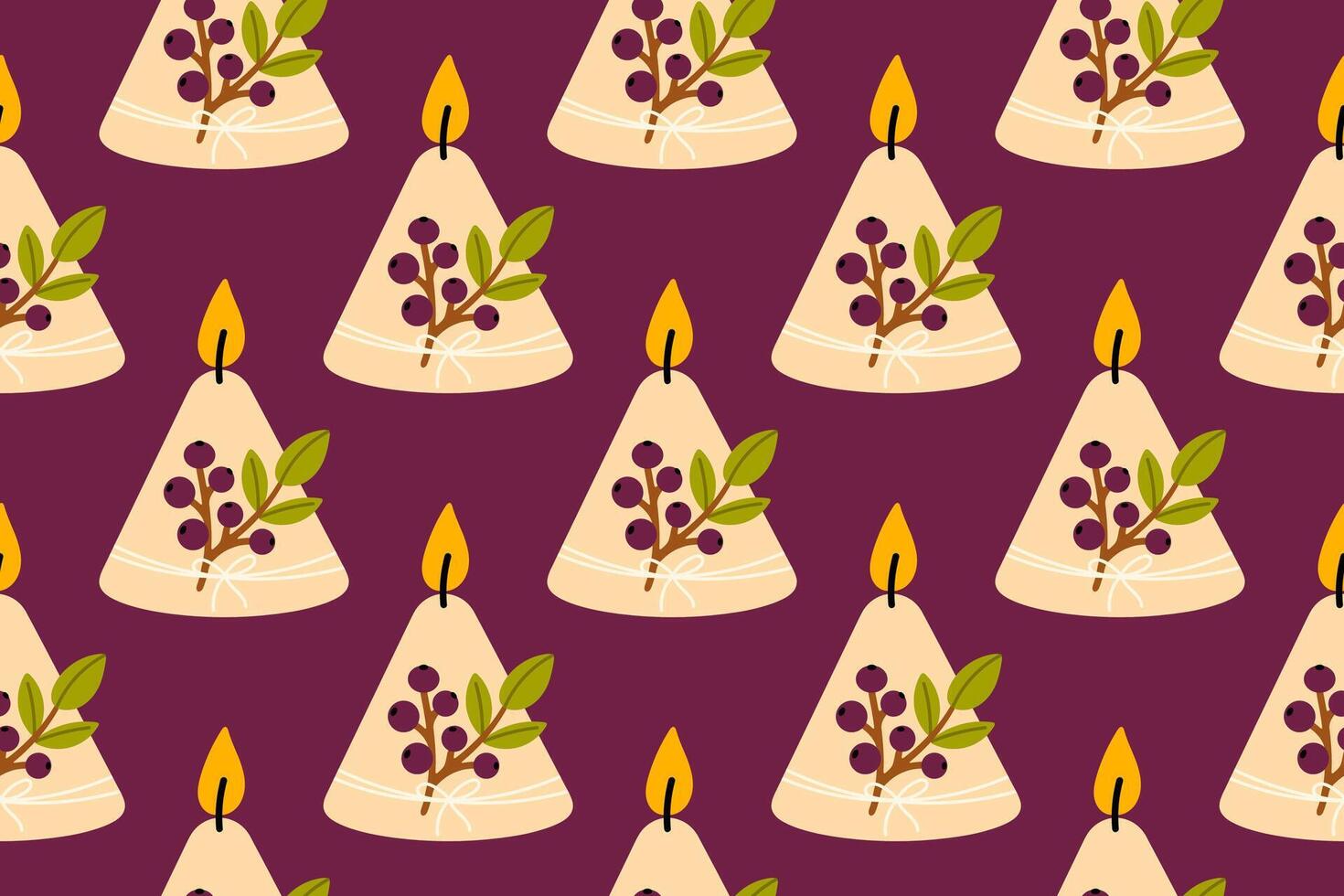 Autumn pattern with triangular candles featuring berry branches and green leaves vector