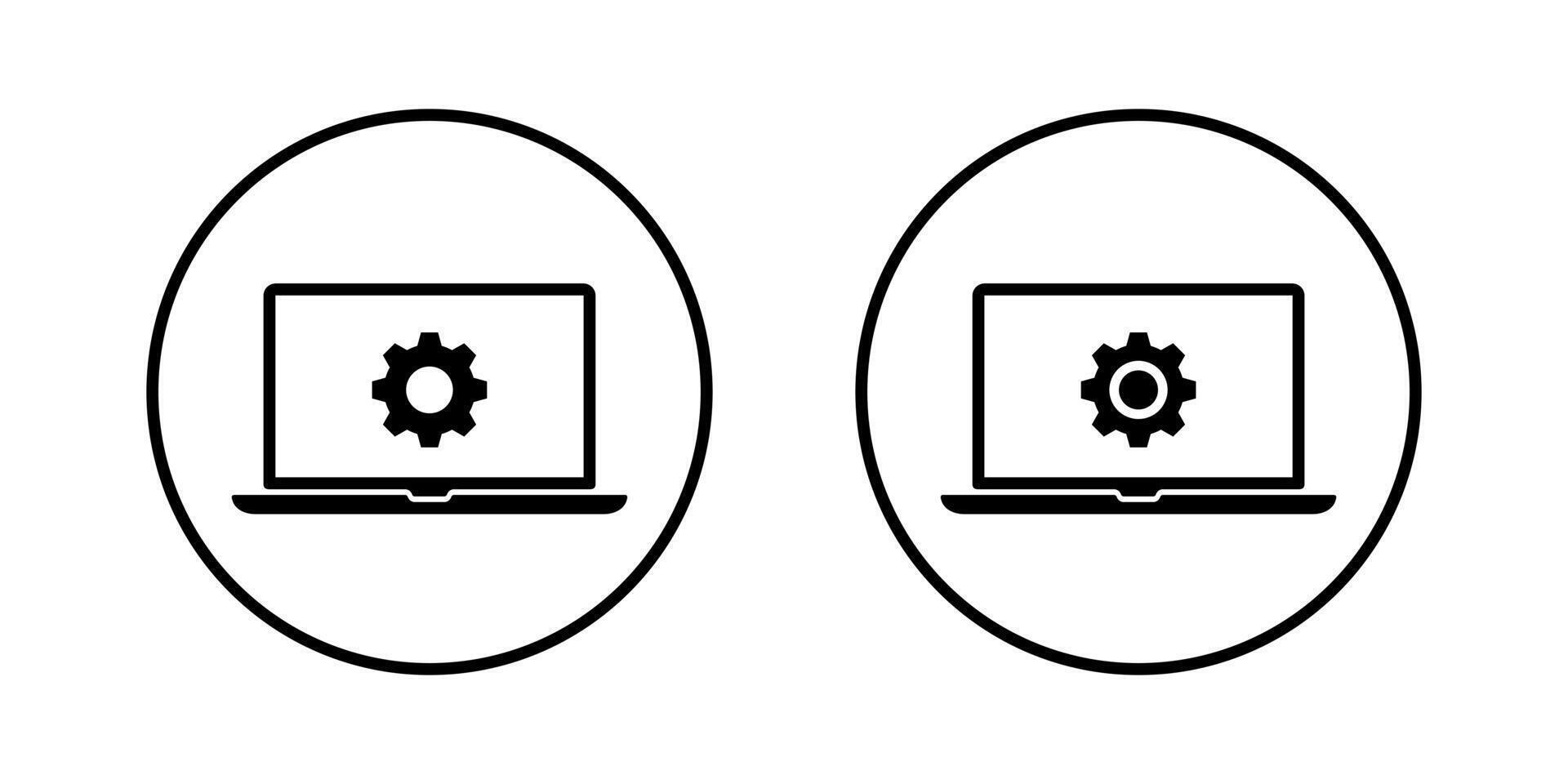 Computer laptop with gear icon in circular outline. System setup and maintenance symbol vector