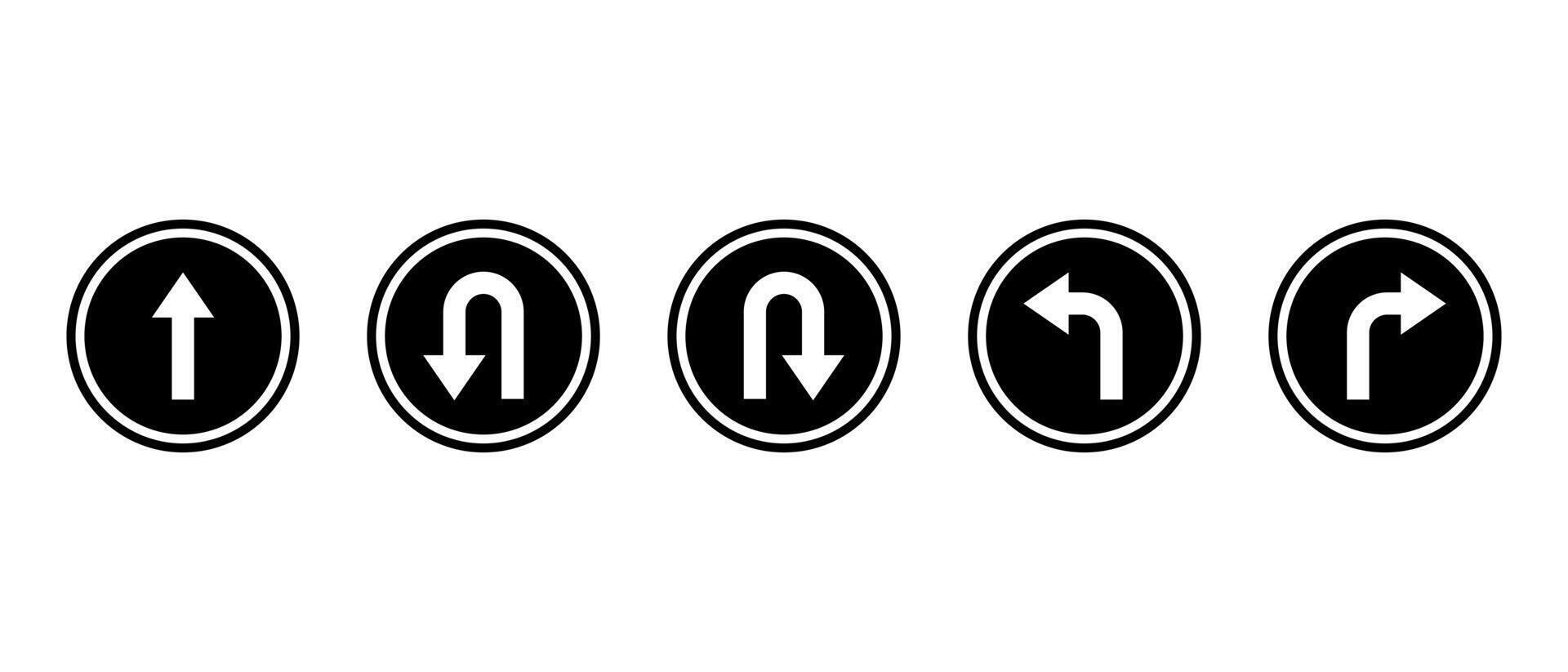 Go straight, this way, one way only, U turn, left and right arrows symbol. Directional arrow icon set in black circular road sign style vector