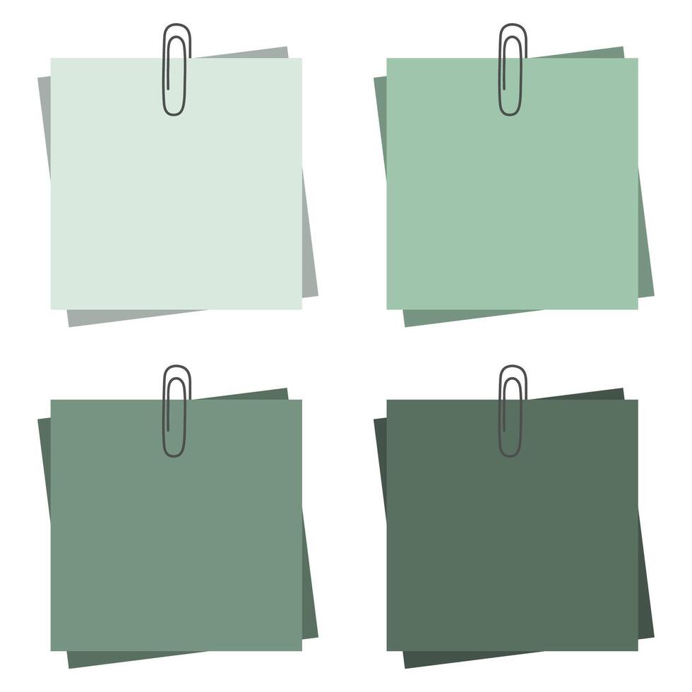 set of stickers for notes in green shades fixed with a paper clip. vector