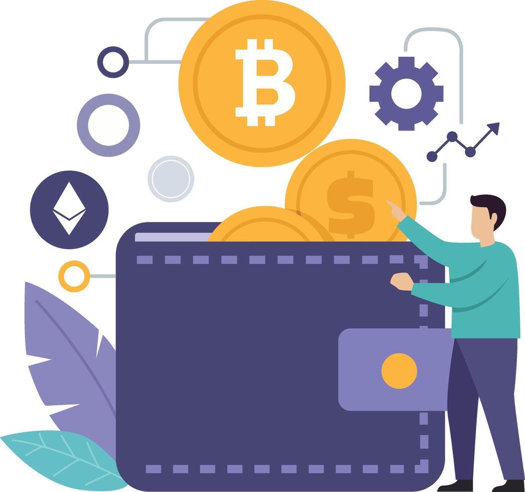 Illustration of a wallet overflowing with cryptocurrency coins, including Bitcoin, with a man interacting with a rising financial chart. vector