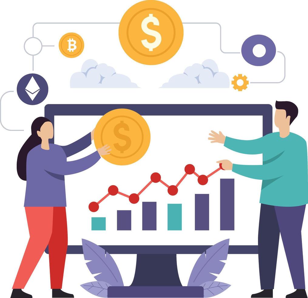 Two people interact with a large monitor displaying a financial graph and bar chart, with coins and cryptocurrency symbols floating above. vector